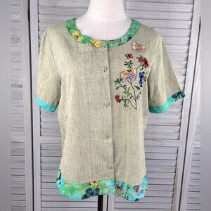 LOTUS Embroidered Button Front Top Linen Look Floral/Butterfly-Medium